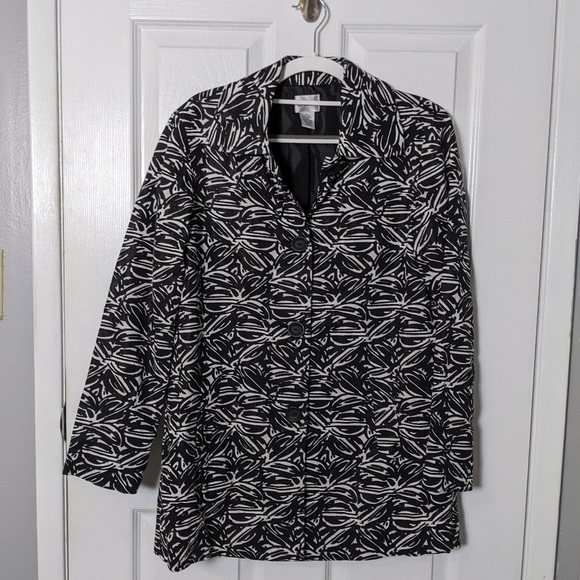 Chico's Linen Button Down‎ Coat in Black and White Print Size Women's Small - Picture 1 of 6